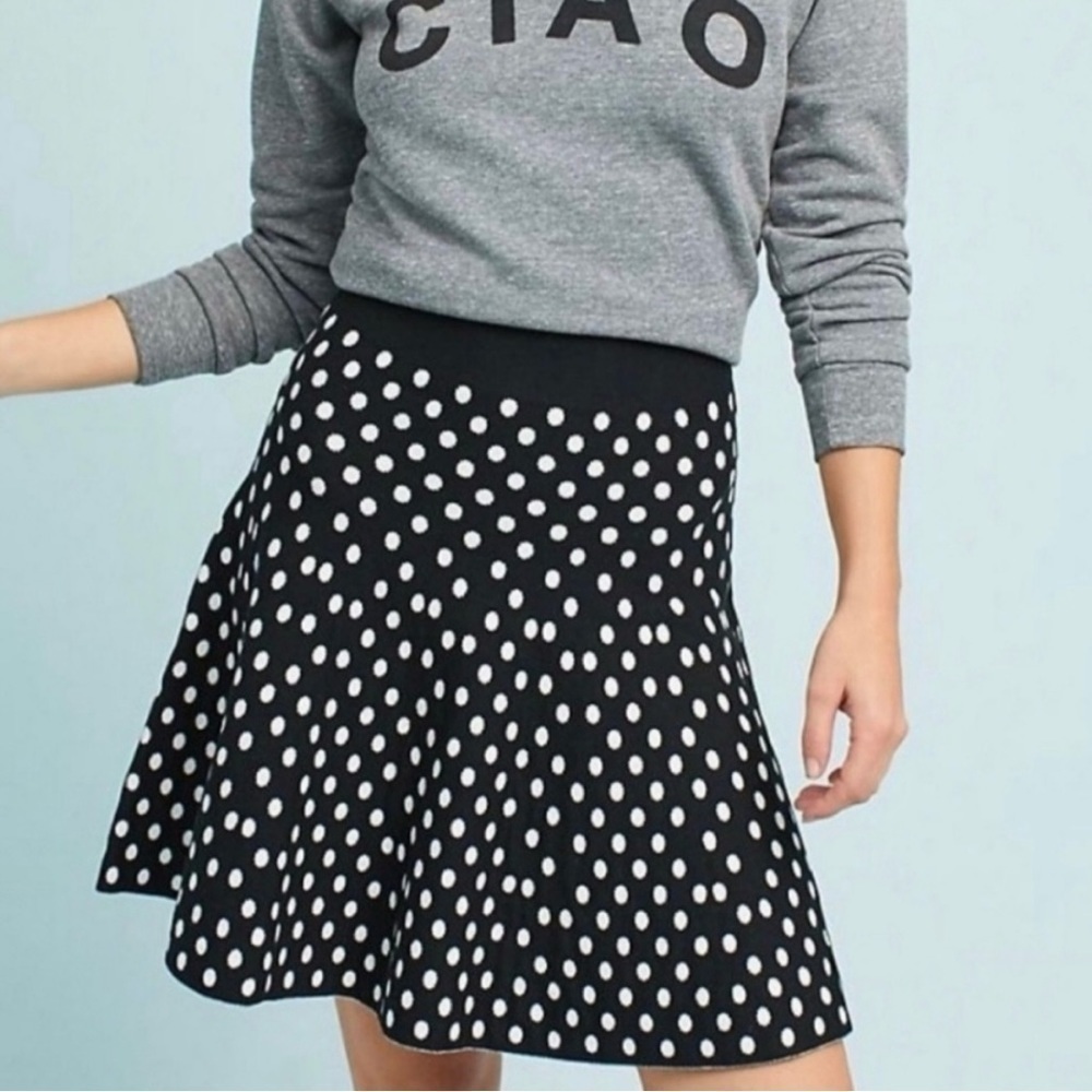 Anthropologie Maeve Knit Polka Dot Motif Flare Skirt Black White Size S